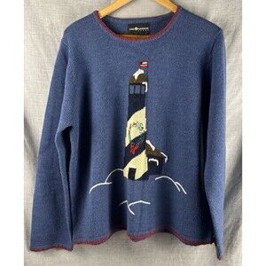 Sag Harbor Christmas Sweater Size L Blue Lighthouse Wreath Blanket Stitch Trim